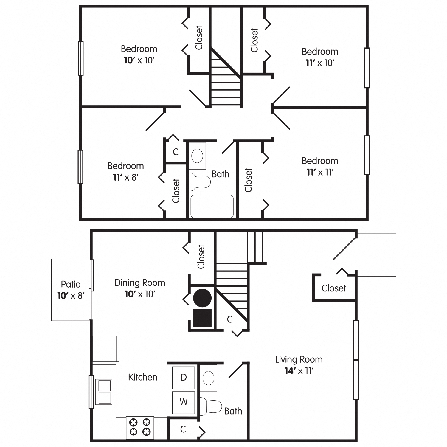 Floor plan for 4 beds, 1.5 baths, 1247 sqft